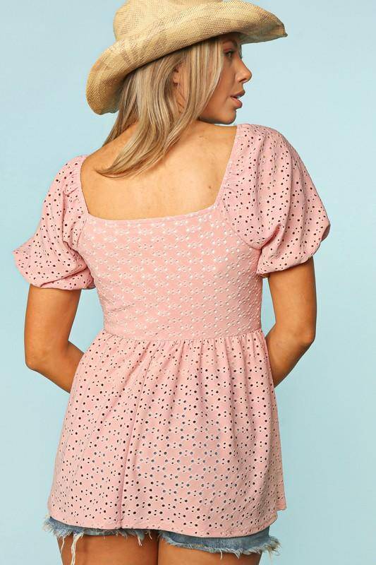 Haptics Babydoll Peplum Bubble Puff Short Sleeve Knit Top