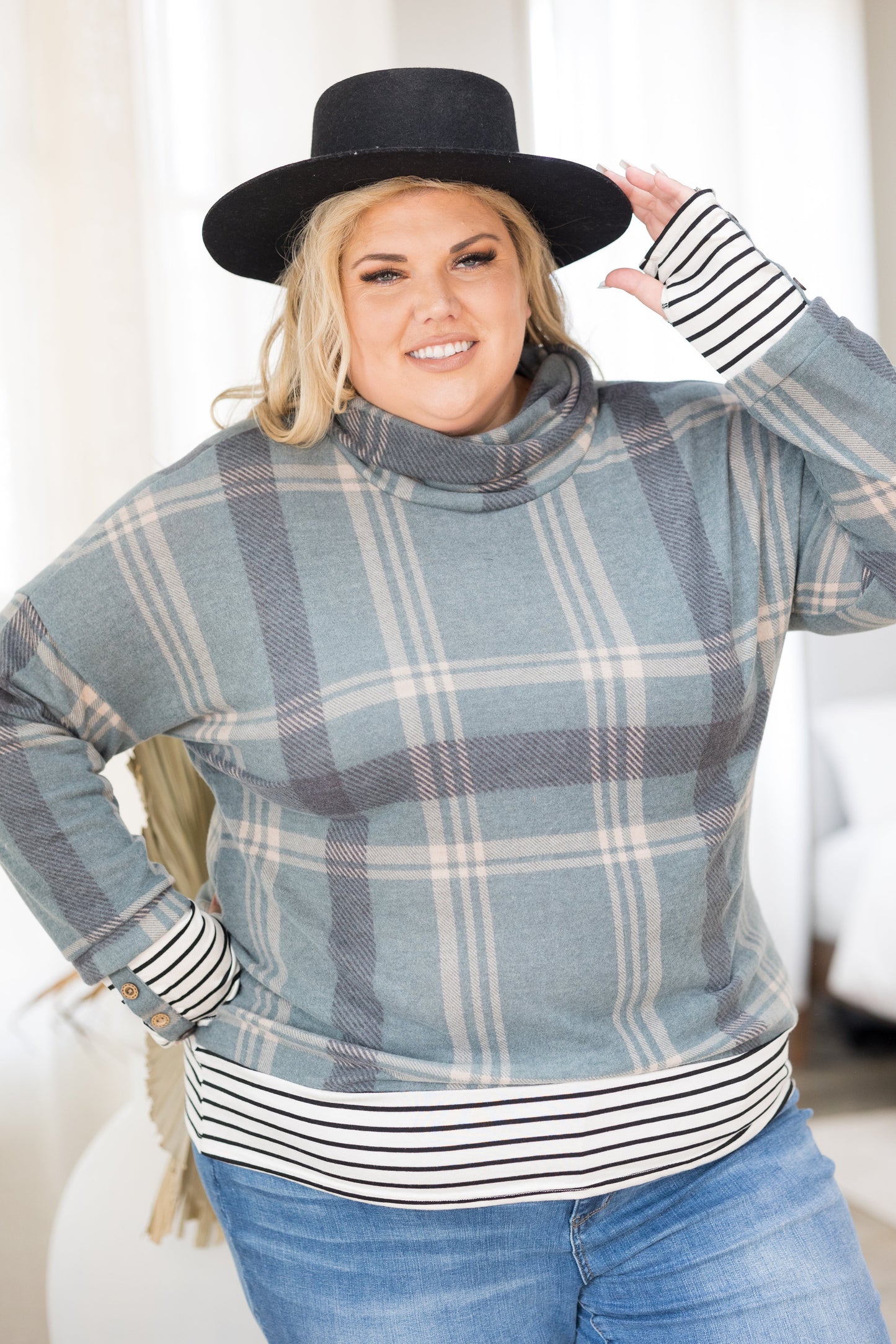 Teal Me About It Plaid Thumbhole Tunic