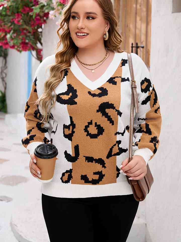 Plus Size Printed V-Neck Long Sleeve Sweater